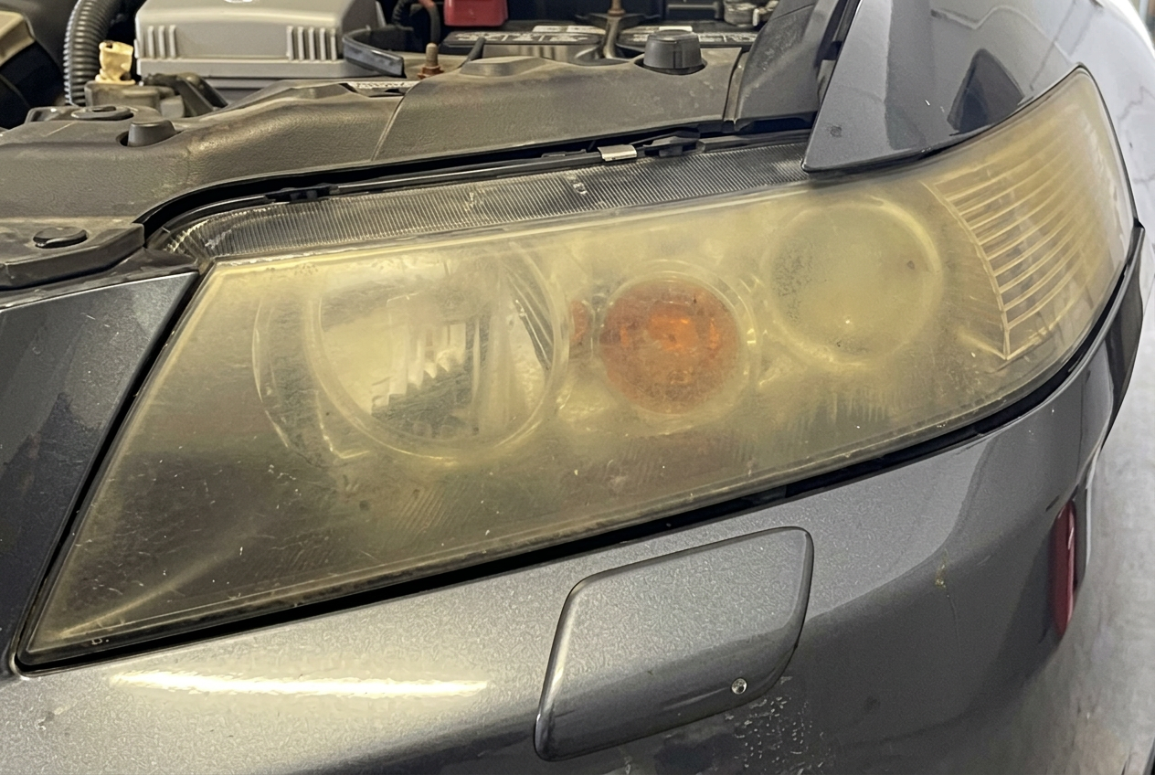 Zmatowiały, pożółkły reflektor samochodowy